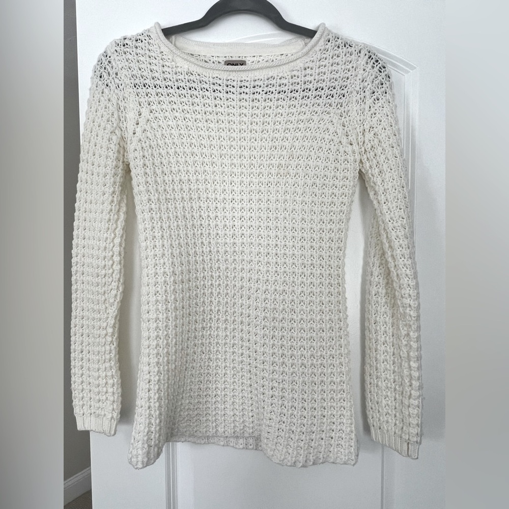 ONLY White Long Sleeve Loose Knit Pullover Sweater Top Scoop Neck